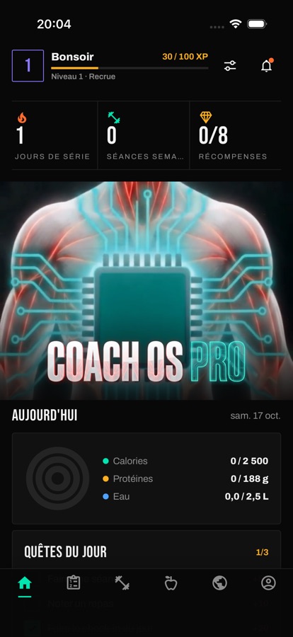 Coach OS Pro ana ekranı: seri, antrenmanlar ve ödüller