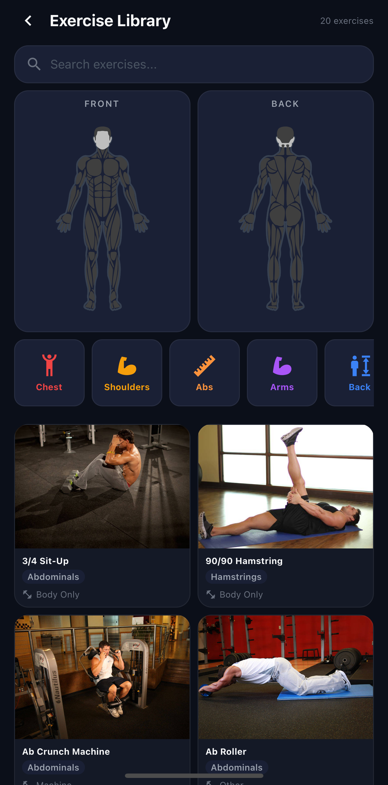 Exercise library with body diagram